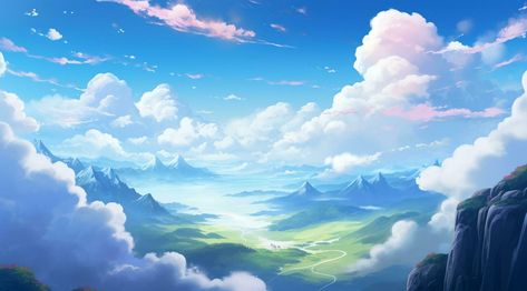 Anime Sky Background, Fantasy Clouds, Sky Backgrounds, Mountain Clouds, Top Of A Mountain, Mountain Background, Scene Background, Fantasy Background, Scenery Background