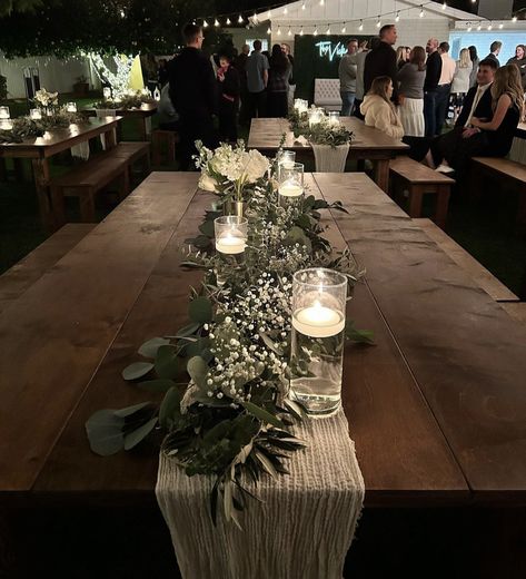 Minimal Rustic Centerpieces, Wedding Table Wood Decor, Light And Dark Green Wedding, Minimal Wedding Centerpieces Long Table, 80 Person Wedding Seating Layout, Romantic Wedding Decor Ideas, Simple Greenery Centerpiece Wedding, Simple Rustic Wedding Centerpieces Long Tables, Olive Green Wedding Theme Color Schemes Wedding Ceremony Decor