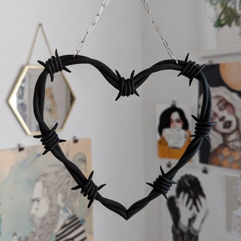 polymer clay, wall hanging, wall decor, barbed wire heart Barbed Wire Heart, Heart Polymer Clay, Barbed Wire Art, Halloween Tea Party, Clay Wall Hanging, Wire Heart, Air Dry Clay Projects, Clay Crafts Air Dry, Polymer Clay Diy