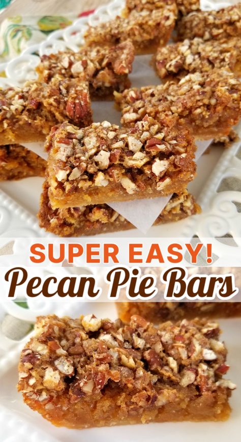 All the fabulous flavor of pecan pie in a chewy, gooey bar recipe made easy with a cake mix base. Cake Mix Pecan Bars, Pecan Cookie Bar Cake, Pecan Squares Recipe Easy, Bars Made From Cake Mixes, Easy Pecan Bars Recipe, Maple Pecan Pie Bars, Pecan Bars With Graham Crackers, Easy Pecan Pie Bars Simple, Easy Pecan Bars Simple