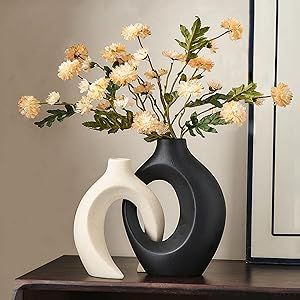 Black and White Ceramic Vase Set of 2 Modern Vase for Home Decor Round Hollow Vase Minimalist Decorative Vase for Table Centerpiece Wedding Dining Living Room Office House Entryway Table Decoration Big Floor Vases Black, Round Vase With Neck Black, White Vase Decor, White Office Decor, Black Vase With Flowers Ceramic, Latge Black Vase, Floor Vase Decor, Black Minimal Vase, Black And White Vase