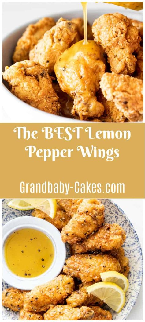 These Crispy Lemon Pepper Wings are juicy chicken wings fried to golden brown perfection then tossed in a sweet, spicy and lemony honey glaze! #chicken #wings #lemon #lemonpepper #lemonpepperwings #superbowl #gameday #chickenwings Crispy Lemon Pepper Wings, Juicy Chicken Wings, Chicken Wings Fried, Wings Fried, Wings Recipes, Lemon Pepper Chicken Wings, Grandbaby Cakes, Lemon Pepper Wings, Kentucky Fried Chicken