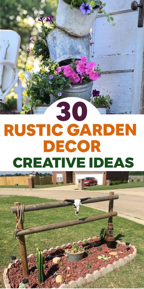 Create a charming rustic oasis in your outdoor space with these garden decor ideas. Discover how weathered wooden benches, vintage metal planters, and whimsical birdhouses can add natural beauty and cozy elegance to your backyard retreat. Illuminate the evenings with string lights and lanterns for a magical ambiance, or repurpose old crates and barrels as unique planters for a touch of farmhouse charm. Let the rustic garden decor captivate your outdoor sanctuary as you embrace the allure of natu Rustic Garden Decor Diy, Whimsical Birdhouses, Rustic Garden Design, Unique Planters, Diy Wreath Bow, Rustic Landscaping, Wooden Benches, Unique Garden Art, Enchanting Garden