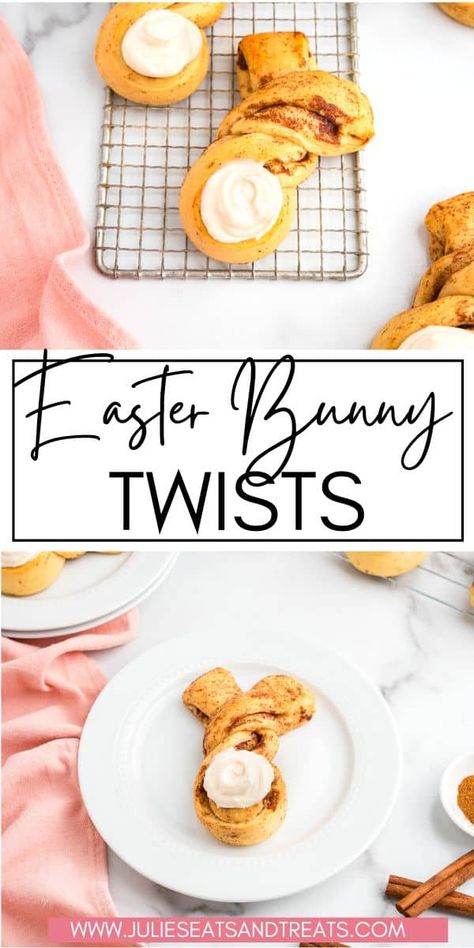 This fun and easy recipe will show you how to make cute and delicious Easter bunny twists. Start with a refrigerated cinnamon roll, unroll and twist and bake. Then top it with icing for the "bunny tail". A perfect a Easter treat, these sweet and savory twists will be a hit with kids and adults alike!" Bunny Cinnamon Rolls, Homemade Cream Cheese Frosting, Homemade Crescent Rolls, Easy Spring Recipes, Easy Easter Treats, Homemade Cream Cheese, Spring Baking, Cinnamon Twists, Cinnamon Roll Dough