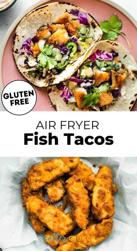 These Air Fryer Fish Tacos are coated in a gluten-free batter and cook in less than 10 minutes! Topped with a homemade sweet and tangy pineapple slaw, they’re an easy meal perfect for Taco Tuesday, family gatherings, and party celebrations, too. Fish Taco Air Fryer Recipes, Fish Tacos Air Fryer Recipes, Fish Tacos Air Fryer, Fish Tacos Gluten Free, Gluten Free Fish Batter, Halibut Fish Tacos, Tacos Gluten Free, Air Fryer Fish Tacos, Halibut Tacos