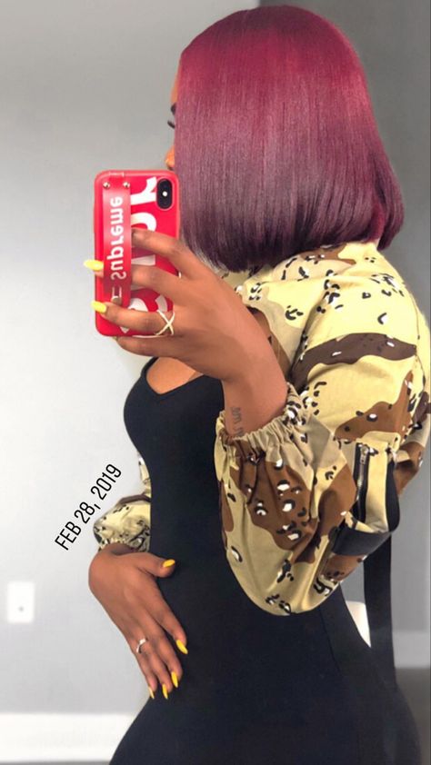 Burgundy Hair Black Women, Burgundy Natural Hair, Red Burgundy Hair Color, Magenta Hair Colors, Hair Color Plum, Hair Glam, Pressed Natural Hair, Magenta Hair, Silk Press Natural Hair