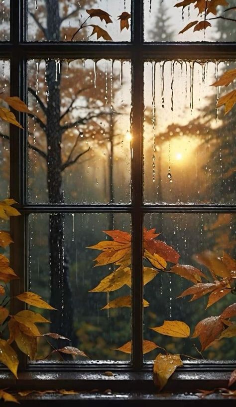 Rain Autumn Aesthetic, Autumn Sunset Aesthetic, Fall Rain Wallpaper, Autumn Rain Aesthetic, Autumn Lockscreen, Aesthetic Exterior, Autumn Window, Rainy Wallpaper, Trees Autumn