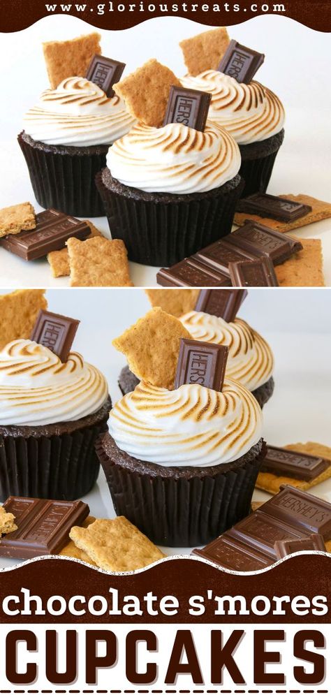 Chocolate S’mores Cupcakes, chocolate desserts, holiday desserts S'mores Cupcakes Marshmallow Frosting, Chocolate Smores Cupcakes, Smores Cupcakes Marshmallow Filled, Cupcake Recipes Smores, Campfire Cupcakes Camping Birthday, Mini Smores Cupcakes, Smore Cupcakes Recipe, S’mores Cupcakes With Marshmallow Frosting, S’more Cake Recipe