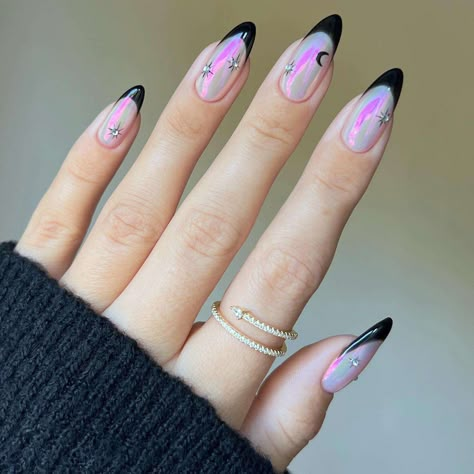 Black French Manicure, Chrome Manicure, Star Nail Designs, October Nails, Galaxy Nails, Nails Polish, Dark Nails, Halloween Nail Designs, Pink Nail