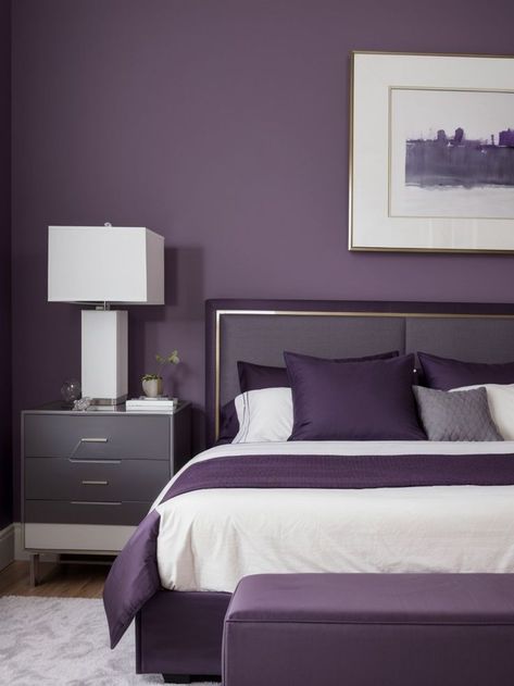 Elevate your purple and grey bedroom with an accent wall painted in a bold shade of plum or lavender. Complete the look with a sleek grey upholstered bed and metallic accents for a modern and sophisticated touch. Grey Bedroom Accent Wall, Plum And Grey Bedroom, Purple And Gray Bedroom, Accent Wall Inspiration, Purple Accent Wall, Bedroom Accent Wall Ideas, Grey Upholstered Bed, Bedroom Accent Wall, Accent Wall Paint