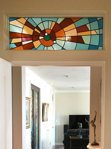 Stained Glass Effect Diy, Glass Painting On Windows, Stained Glass Traditional, Rectangular Stained Glass Patterns, Stained Glass Door Window, Stained Glass Above Door, Stained Glass Houses, Stained Glass Panels Ideas, Boho Stained Glass Window