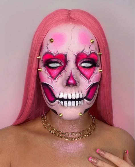 Sfx Valentines Day Makeup, Heart Skull Makeup, Valentines Face Painting Ideas, Pink Halloween Makeup Looks, Cute Skull Makeup, Colorful Skull Makeup, Fx Makeup Ideas, Pink Skull Makeup, Pink Halloween Makeup