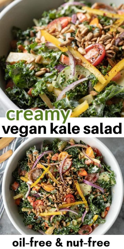 Vegan Creamy Kale Salad (Oil-Free, Nut-Free) Dairy And Meat Free Salads, Plant Based Oil Free Recipes, Wfpb Salad, Vegan Kale Salad, Idea For Lunch, Kale Salad Dressing, Alkaline Meals, Creamy Kale, Kale Salads