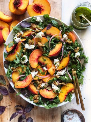 Peach Salad, Memorize this Template to Make Any Salad - The Delicious Life Peach Salad Recipe, Trader Joes Salad, Peach Salad Recipes, Fall Harvest Salad, Honey Balsamic Dressing, Pesto Vinaigrette, Honey Balsamic Vinaigrette, Apple Cider Vinaigrette, Salad With Apples