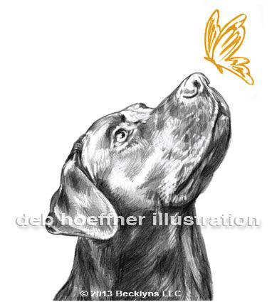 Dog illustrated logo of Black Lab and butterfly drawing and digital art designed by illustrator deb hoeffner Drawings Of Dogs, Guys Shirts, Books Packaging, Illustrated Logo, Paintings Illustration, Labrador Retriever Art, Black And White Drawings, Animal Paintings Acrylic, Black Labs Dogs