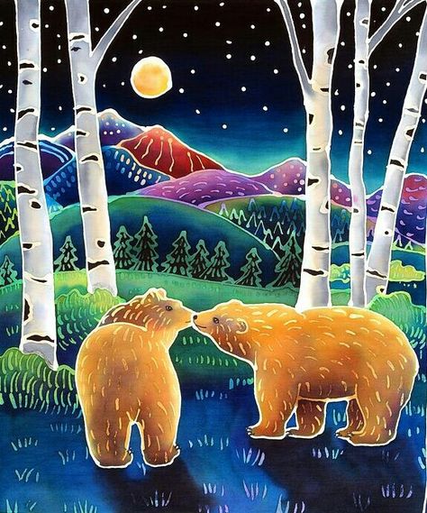 Artist: Harriet Peck Taylor Southwest Drawings, Whimsical Mountain Art, Whimsical Bear Art, Bears Kissing, Pond Party, Rocky Mountains Illustration, Mountain Bear Painting, Colorful Moose Painting, Starry Night Mountain Painting