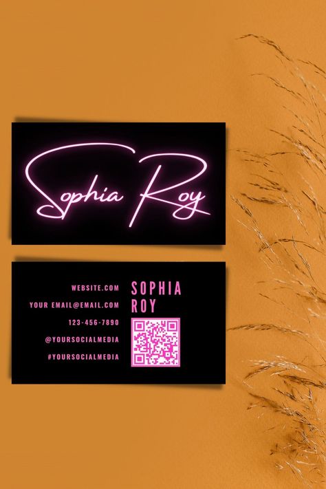 Neon Template, Business Calling Card, Neon Business Cards, Business Card Pink, Business Card Qr Code, Calling Card Template, Business Card Stand, Minimalist Card, Black Minimalist