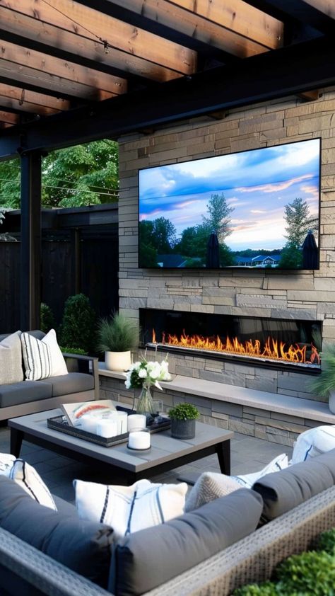 Outdoor Tv Solutions, Back Patio With Tv, Patio Tv Wall Ideas, Outdoor Entertainment Patio Ideas, Outdoor Patio With Tv, Outdoor Tv Ideas, Outdoor Tv Setup, All Season Porch, Patio Tv