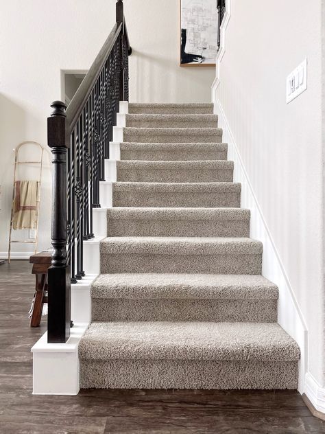 Carpet Stairs With Hardwood Floors, Carpet Steps With Hardwood Floors, Flooring On Stairs Ideas, Accent Carpet Stairs, Stairway With Carpet, Painting Carpeted Stairs, Wood Floors Carpet Stairs, Partial Carpet Stairs, Flooring Ideas For Stairs