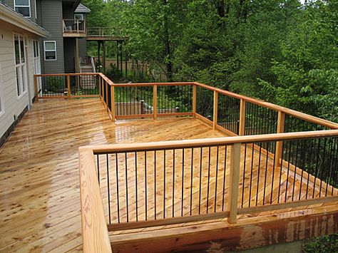 This is the style we are going with! Cedar Shake House, Porch Railing Ideas, Red Cedar Deck, Deck Railing Ideas, Deck Railing Design, Cedar Deck, Cedar Lumber, Deck Colors, Railing Ideas