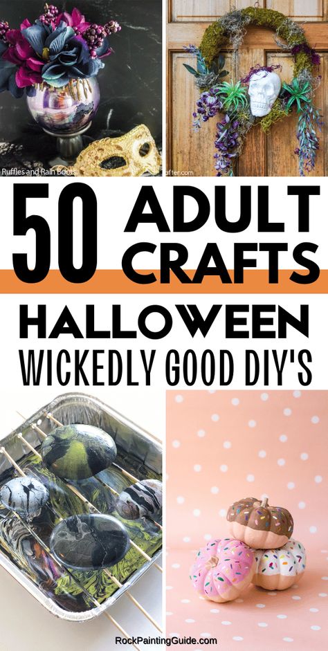 Inside: Discover 50 super easy adult crafts for Halloween that will transform your home into a spooky haven! Get inspired with creative Halloween wreath ideas, spooky welcome mats, delightful candy corn crafts, and much more. You’re bound to fall in love with these bewitching DIY projects! Diy Halloween Arts And Crafts, Halloween Craft For Party, Halloween Craft Party Ideas, October Craft Ideas For Adults, Halloween Crafts For Ladies Night, Halloween Craft Night Adults, Girls Night Craft Ideas Halloween, Adult Halloween Craft Night, Teen Halloween Craft Ideas