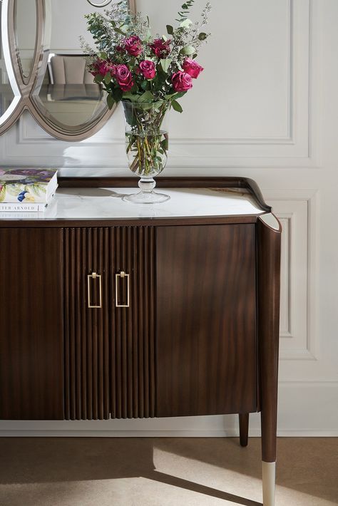 The Oxford Sideboard | Caracole Gallery Railing, Sideboard Legs, Wooden Railing, Gold Veins, Caracole Furniture, Interlocking Rings, Dining Interior, Cream Stone, Wooden Sideboard