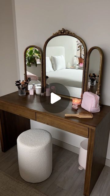 nicole ♡ on Instagram: "so obsessed 😭💗🎀   mirror: @anthropologie Gleaming Primrose Triptych Mirror desk: @cb2 runway desk in acacia  stool: amazon (linked in storefront) • • • #makeup #beauty #vanity #vanitymirror #vanitytable #vanitydesk #vanitydecor #makeupvanity #makeupdesk #anthropologie #coquetteaesthetic #girlygirl #aesthetic #pinterestaesthetic #girlyaesthetic #pinkaesthetic #pinkpilatesprincess #reelsexplore #explorepage #explorereels #explore #instadaily" Vanity Mirror Standing, Bedroom Desk With Mirror, Anthropologie Vanity, Vanity Next To Bed, Vanity Desk Aesthetic, Vanity And Desk Combo Ideas, Makeup Vanity Aesthetic, Duplex Decor, Dark Vanity