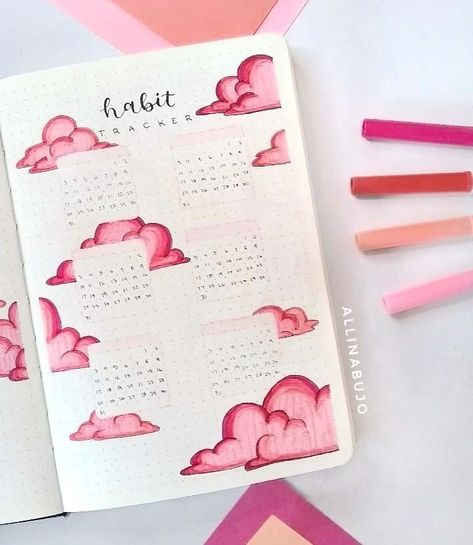 Pink Journal Design Ideas, Cute Pink Journal Ideas, Pink Mood Tracker, Cloud Bujo Theme, Pink Bujo Theme, Cloud Bujo, Bulett Journal Ideas February, Pink Notes Aesthetic, Cloud Bullet Journal