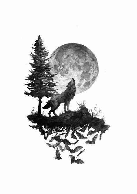 Wolf And Moon Tattoo, Tre Kunst, Wolf Tattoos Men, Wolf Tattoo Sleeve, Wolf Artwork, Forest Tattoos, Wolf Tattoo Design, Wolf Drawing, Wolf Moon