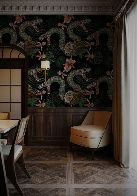 Elegant dining room featuring serpent wallpaper and wood paneling, ideal for fall and Halloween decor. Coconut Wallpaper, Bedroom Mural, Condo Bedroom, Floral Wall Mural, Wallpaper Tropical, Lake Norman, Elegant Dining Room, Standard Wallpaper, Smooth Walls