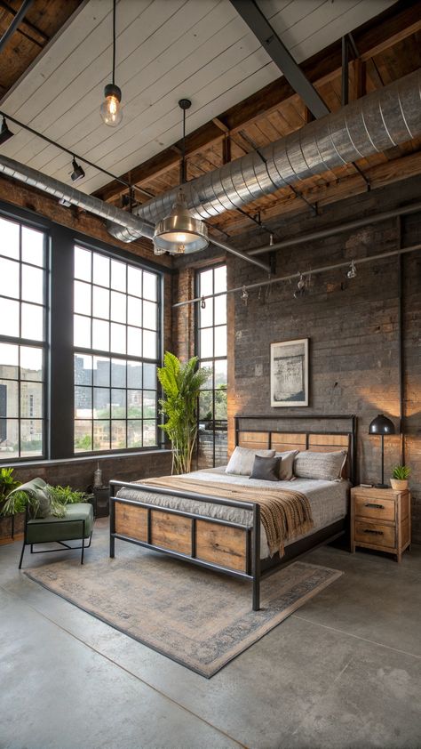 Rustic Bedroom Country Industrial Decor, Mediterranean Industrial, Bedroom Ideas Industrial, Industrial Style Apartment, Vintage Industrial Bedroom, Industrial Home Interior, Western Interior Design, Masculine Bedroom Design, Barn Windows