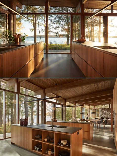 Wood Cabin Kitchen, Cooking Island Kitchen, Wood Kitchen Modern, Kitchens With Two Islands, Double Islands, Kitchen Island Design, Island Design, Dining Table Design, Counter Space