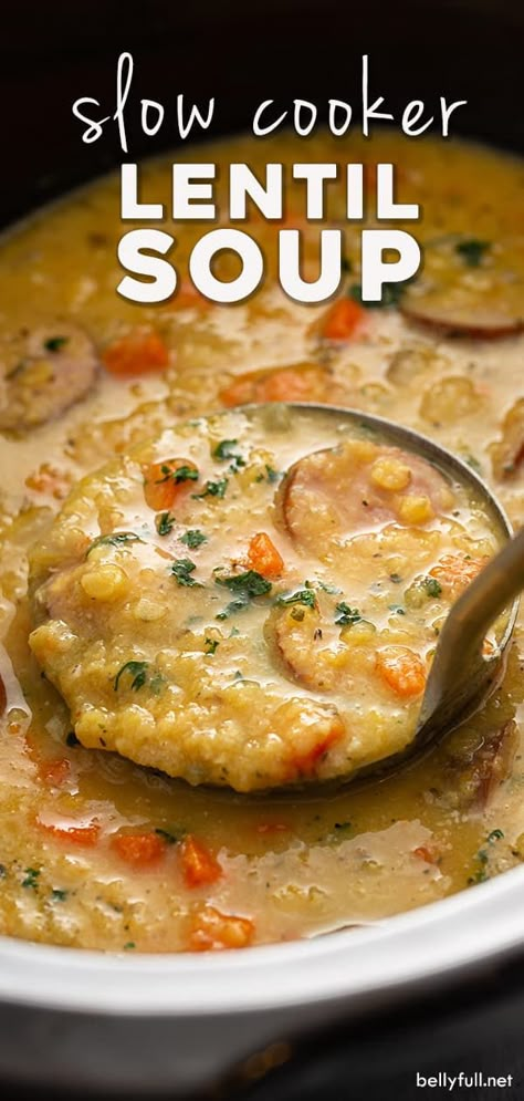 Lentil Bean Soup Crockpot, Soups In Slow Cooker, Lentil Soup With Kielbasa, Red Lentil Crock Pot Recipes, Legume Soup Recipes, Lentil Kielbasa Soup, Lintels Recipes, Sausage Lentil Soup Crockpot, Instapot Lentil Soup