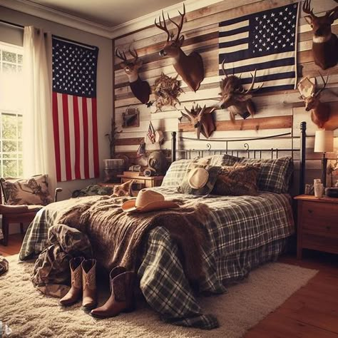 A country bedroom with American flags, cowboy hats, animal heads, and a lot of camouflage decor - Image Creator from Microsoft Bing Western Room Decor Men, Hunting And Fishing Bedroom For Boys, Western Bedroom Ideas For Men, Country Room Colors, Hunter Bedroom Ideas, Teen Boy Hunting Bedroom, Hunting Bedroom Ideas For Men, Room Ideas Western Aesthetic, Country Western Room Ideas