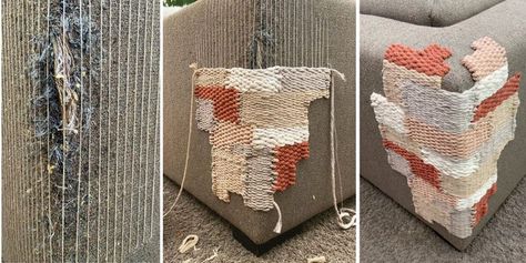 Embroidered Couch Repair, Couch Repair, Colorful Arrangements, Fiber Art Projects, Mode Crochet, Visible Mending, Fiber Artist, Business Insider, Cotton Rope