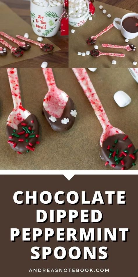 Diy Peppermint Spoons, Peppermint Spoons For Hot Chocolate, Peppermint Spoons Diy, Molded Chocolate Candy Recipe, Chocolate Spoons How To Make, Peppermint Spoons, Chocolate Dipped Spoons, Candy Spoons, Baking For Christmas