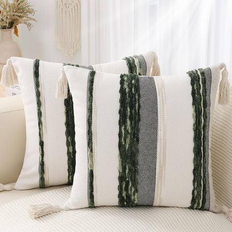 Bohemian Couch, Dark Grey Couches, Green Accent Pillow, Farmhouse Pillow Covers, Cozy Bohemian, Home Decor Green, Cream Pillows, Fringe Pillows, Farmhouse Pillow