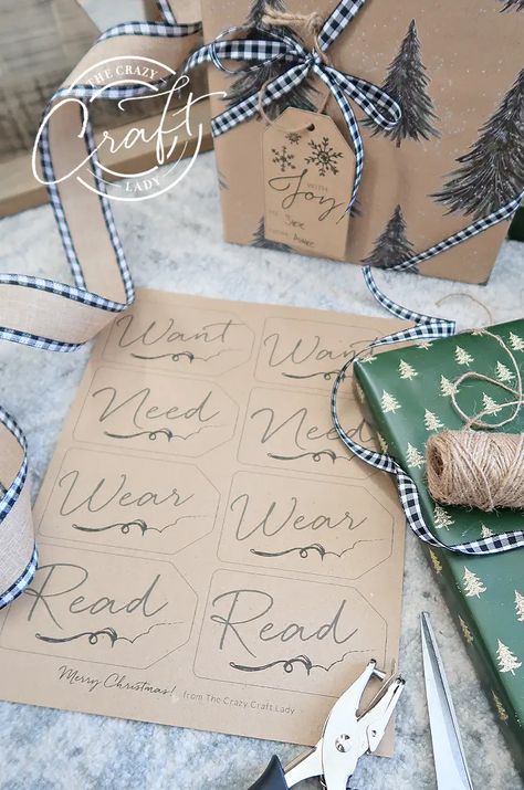 want need wear read printable gift tags - FREE printable gift tags for 4 gift gift giving Want Need Wear Read, Vintage Inspired Christmas Decor, Free Christmas Tags, Fun Christmas Party Ideas, Rustic Christmas Gifts, Christmas Name Tags, Fun Christmas Games, Free Printable Tags, Gift Wrapping Inspiration