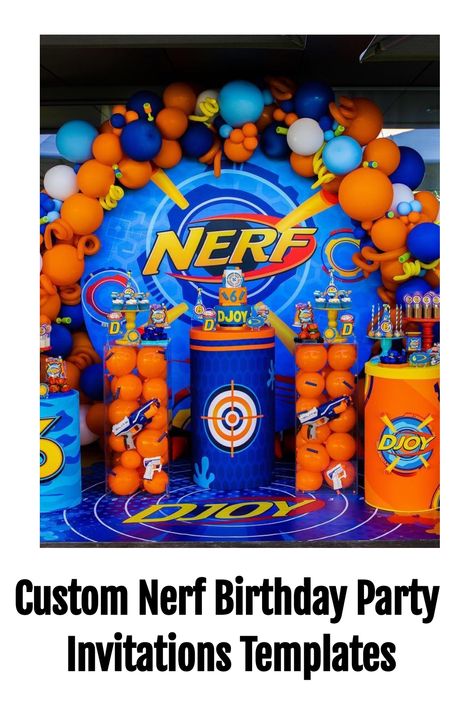 Custom Nerf-themed birthday party setup with vibrant decorations and toy guns. Nerf Wars Birthday Party, Nerf Themed Birthday Party, Nerf Birthday Party Ideas, Selfie Walls, Nerf Party Invitations, Battle Party, Party Invitations Templates, Nerf Birthday Party, Nerf Party