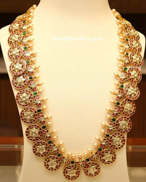 Kundan Long Haram Gold, Butta Mala Haram, Kundan Bottu Mala Designs, Kundan Haram Designs, Kundan Mango Haram Designs, Bottu Haram Designs, Bottumala Haram, Bottu Mala Jewellery Designs, Bottumala Designs