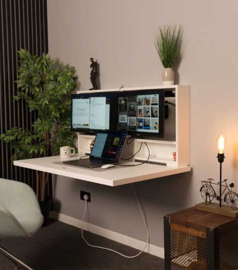 Small Office Interior Design, Hidden Desk, Wall Trends, Space Saving Desk, Wall Mounted Desk, Work Space Organization, Wall Desk, Small Home Office, Home Office Setup