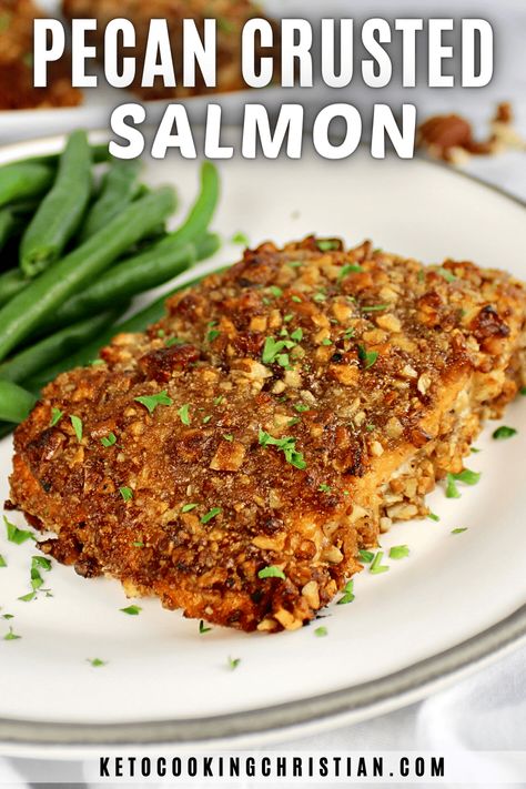 Pecan Crusted Salmon Baked, Pecan Crusted Grouper, Honey Pecan Salmon, Pecan Crusted Flounder, Pecan Crusted Salmon Recipes, Salmon Almondine, Nut Crusted Salmon, Pecan Crusted Halibut, Pecan Crusted Tilapia