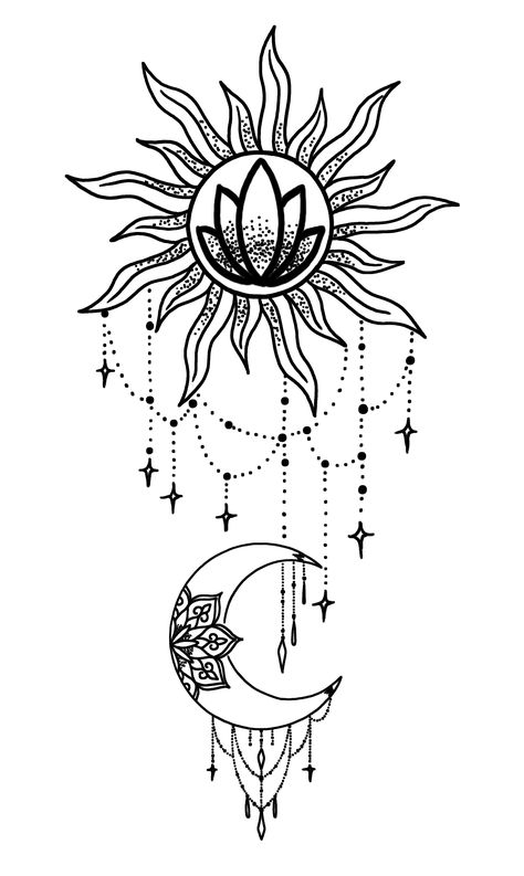 Sun an moon chandelier Sun Chandelier Tattoo, Lotus Flower And Sun Tattoo, Outline Tattoo Flower, Moon Tattoo Outline, Sun And Moon Outline, Sun And Moon Sketch, Henna Tattoo Wrist, Holly Tattoo, Sun And Moon Tattoo Ideas