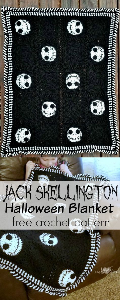 The Nightmare Before Christmas is such a classic holiday movie. We watch it over and over all season long! What better way to enjoy the season than wrapped up in  a fun Jack Skellington blanket! Because it’s seasonal, I didn’t make this blanket very large. It’s more of a lap blanket. The perfect size for … Jack Skellington Blanket, Halloween Crochet Blanket, Crocheted Halloween, Christmas Crochet Blanket, Crochet For Beginners Blanket, Halloween Crochet Patterns, Halloween Blanket, Haken Baby, Crochet Afghans