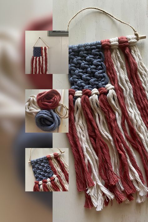 Macrame Flag Tutorial, Marching North Macrame, Berry Knot Macrame Wall Hanging, Macrame Peace Sign Tutorial, Red White And Blue Macrame, Macrame Flag Wall Hangings, Macrame American Flag Tutorial, Macrame Flag Diy, 4th Of July Macrame