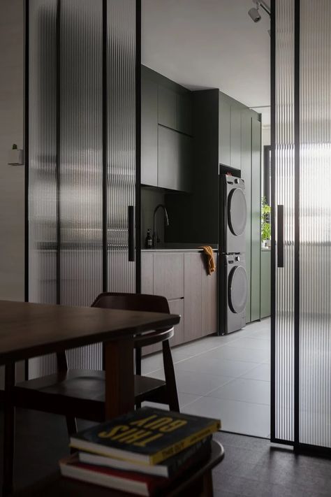 This HDB Flat Is A Cosy Oasis Where Retro Meets Modern Living Hdb Service Yard Design, Kitchen Semi Open, Kitchen Sliding Door Design, Sliding Door Kitchen Living Room, Mini Airbnb, Service Yard Hdb Ideas, Kitchen Ideas Hdb, Muji Living Room, Minimalist Moodboard