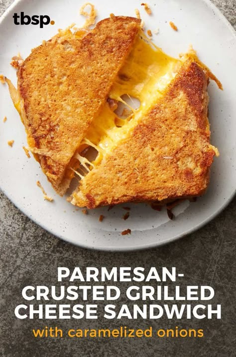 Who says the cheese in a grilled cheese is limited to the inside? Caramelized onions and crusted parmesan make this sammy a super one. Mascarpone Grilled Cheese, Parm Crusted Grilled Cheese, Grilled Cheese With Parmesan Crust, Parmesan Crusted Bread, Parmesan Crusted Grilled Cheese Sandwich, Inside Out Grilled Cheese Sandwich, Inside Out Grilled Cheese, Cheese Crusted Grilled Cheese, Parmesan Crusted Grilled Cheese