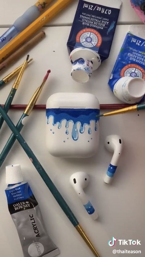 @thaiteason Airpods with Water Detail - Air Pod Case Painting Diy, Charger Art, Case Painting, Phone Case Diy Paint, Posca Marker, Air Pod, Airpod Cases, Cases Diy, Simple Acrylic Paintings