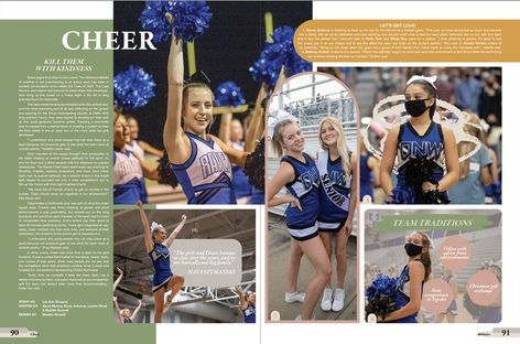 Yearbook Cheer Spreads, Cheer Spreads Yearbook, Homecoming Court Yearbook Spreads, Cheer Yearbook Spread, Cottagecore Yearbook, Yearbook Photography, Yearbook Inspiration, Yearbook Template, Sideline Cheer