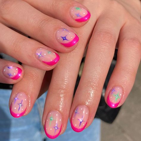 Fun Glittery Nails, Nail Ideas Bright, Short Nail Ideas, Short Nail Art, Pink Tip Nails, Star Nail Designs, Kids Nail Designs, Fun Summer Nails, Glittery Nails